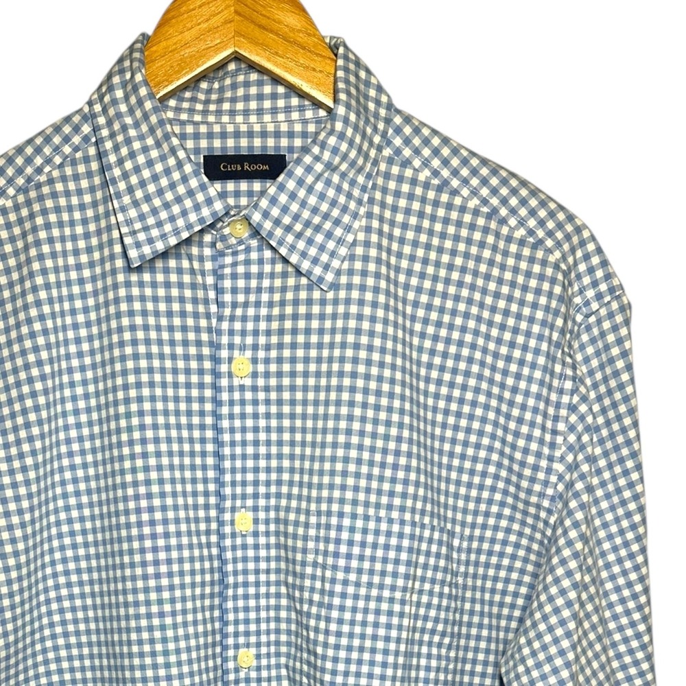 Club Room Men's Size M Blue White Gingham Check Long Sleeve Button Down Shirt